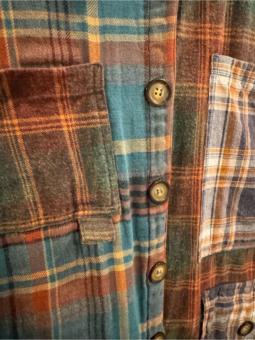 Angie Patchwork Plaid Button-Down Shirt Jacket - Teal & Brown & Cream - Picture 4 of 9